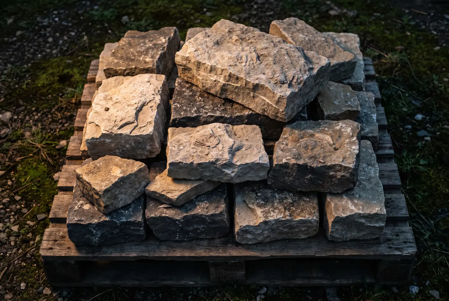 Rough-split limestone and fieldstone pieces piled loose, their chiselled faces lit by low warm light