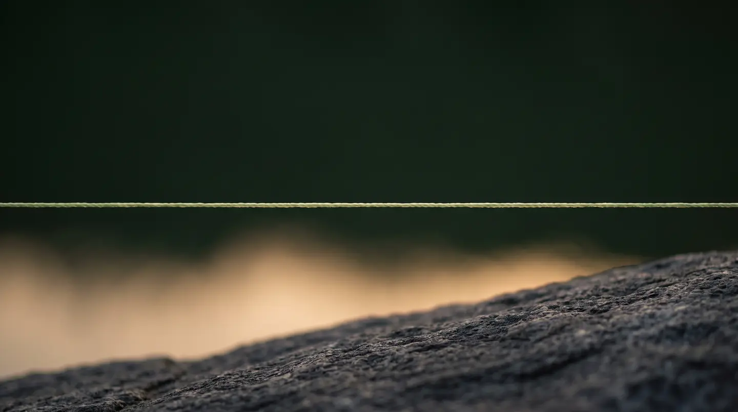 A single taut string line stretched level across a dark field, catching a thin pale glow