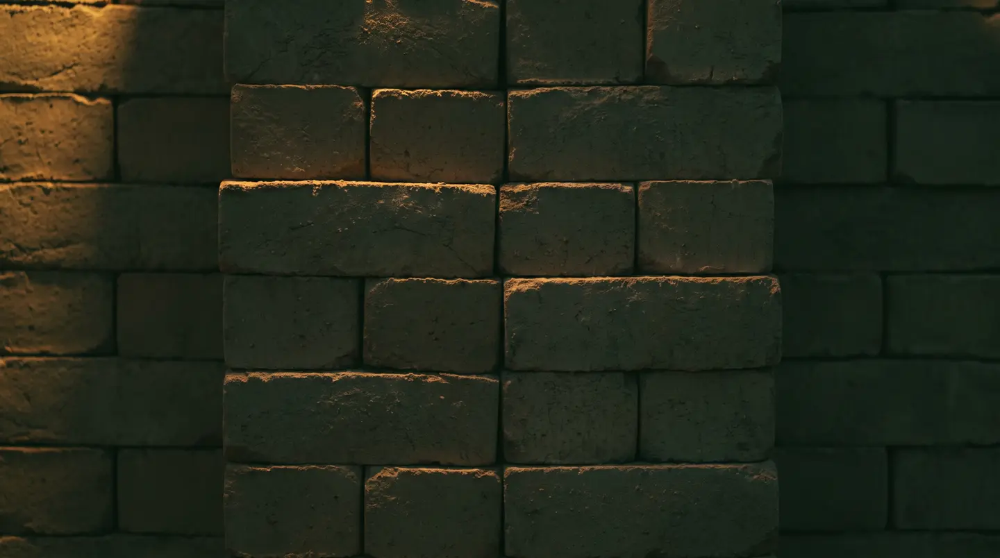 Stacked raw clay bricks in deep shadow, warm light grazing their edges in level courses